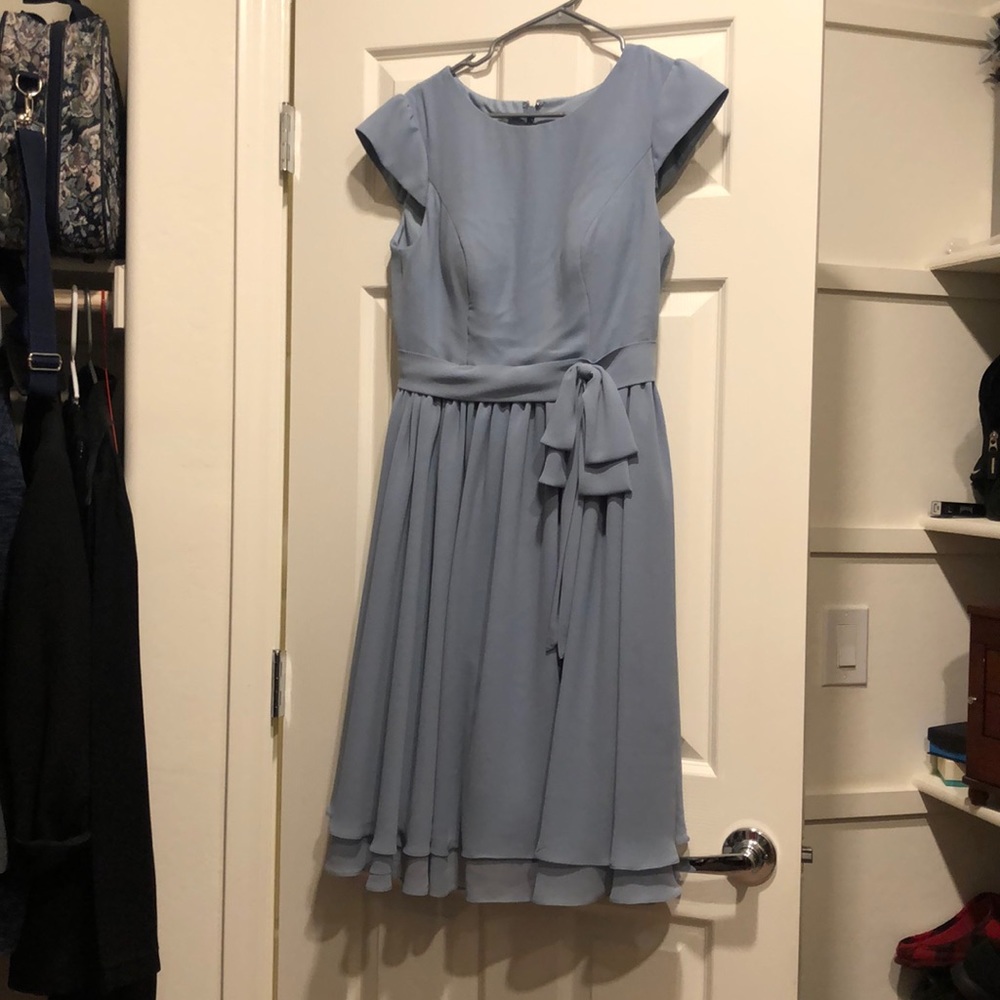 Azazie Ingrid tea length gown in dusty blue. 8